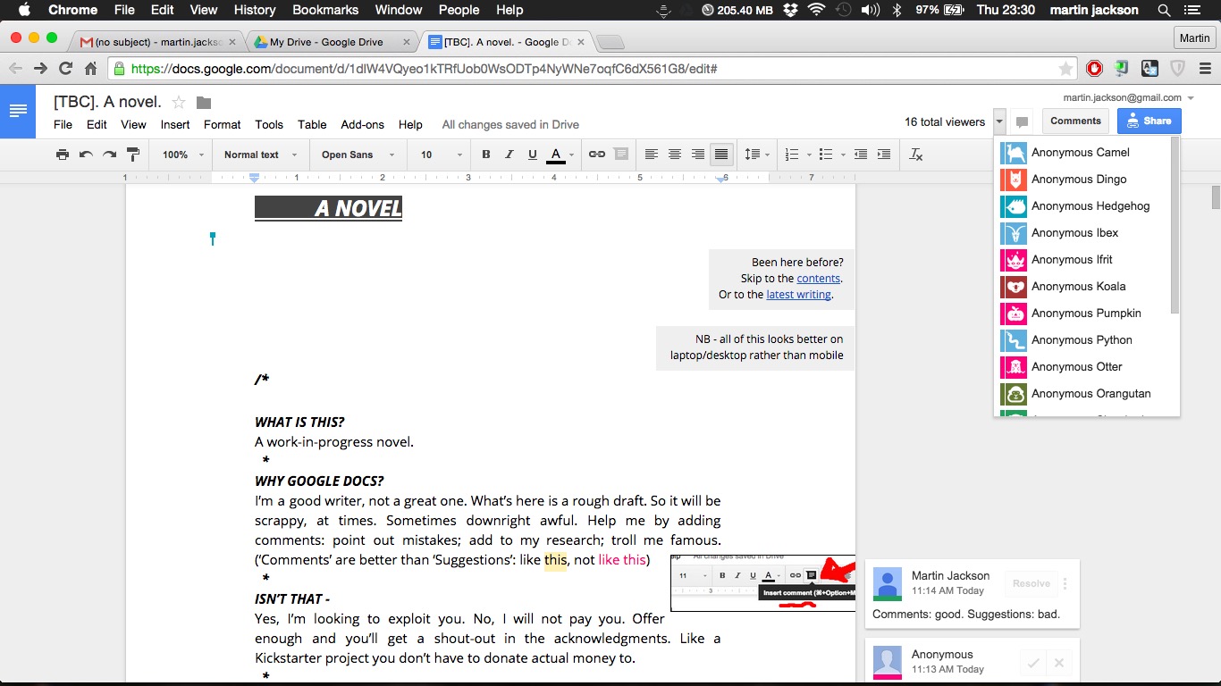 The 'live' manuscript, with readers/editors visible top-right.