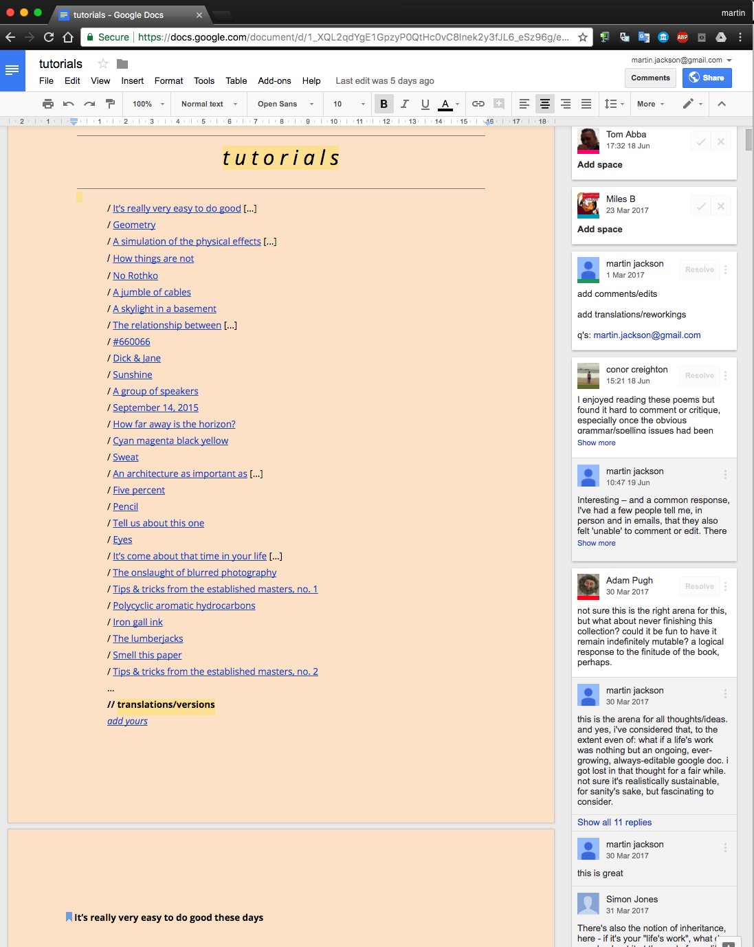 The Tutorials Google Doc, with comments from readers/editors.